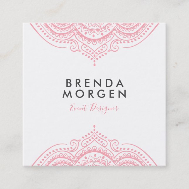 Elegant Pink Paisley Mandala Square Business Card (Front)