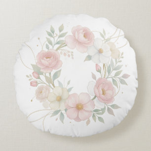 Elegant Pink Pastel Floral Wreath Botanical Design Round Pillow