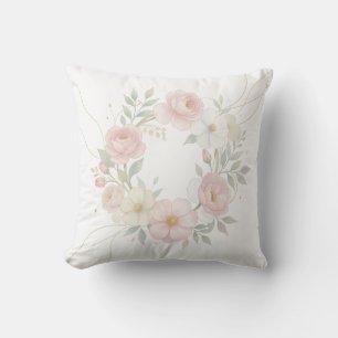 Elegant Pink Pastel Floral Wreath Botanical Design Throw Pillow