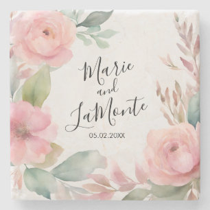 Elegant Pink Pastel Watercolor Floral Wedding  Stone Coaster