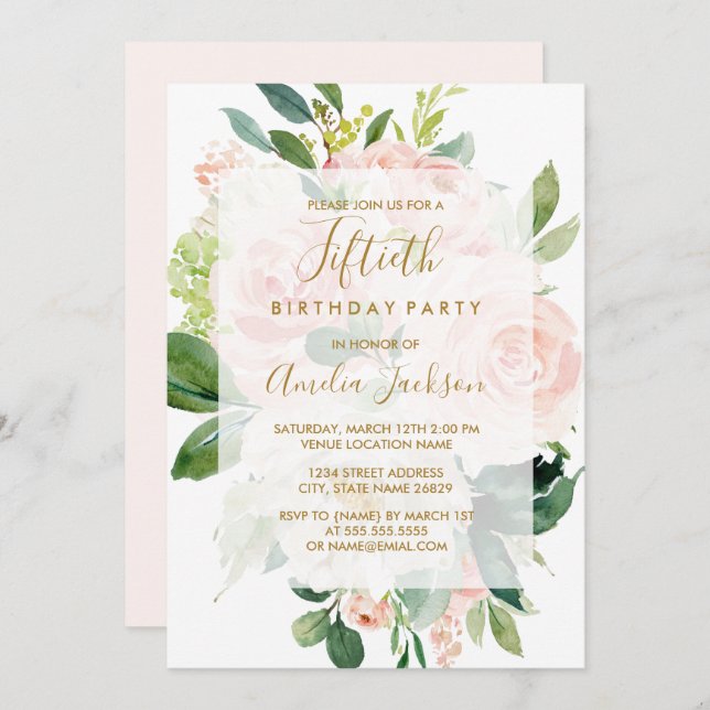 Elegant Pink Peach Bloom 50th Birthday Party Invitation (Front/Back)