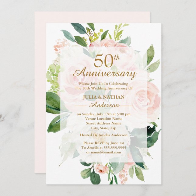Elegant Pink Peach Bloom 50th Wedding Anniversary Invitation (Front/Back)