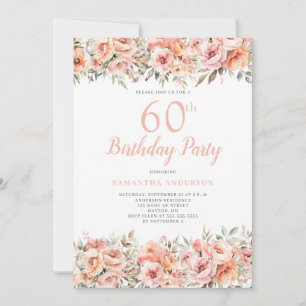 Elegant Pink Peach Floral 60th Birthday Party  Invitation