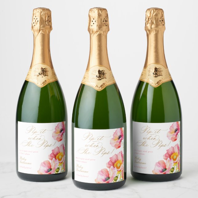 Elegant Pink Peach Floral Pop it When She Pops Sparkling Wine Label (Bottles)