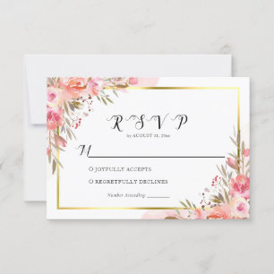 Elegant Pink Peach Floral Watercolor Gold RSVP Card