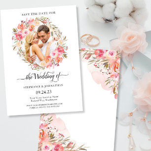 Elegant Pink Peach Floral Watercolor Photo Save The Date