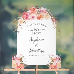 Elegant Pink Peach Floral Watercolor Wedding Gold Acrylic Sign