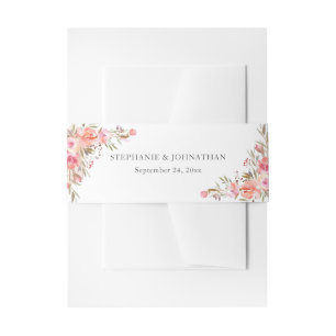Elegant Pink Peach Floral Watercolor Wedding Invitation Belly Band