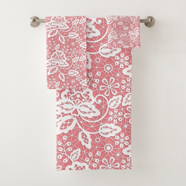 ELEGANT PINK PEACH LACE BATHROOM TOWEL SET (Insitu)