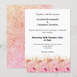 ELEGANT PINK PEACH WHITE FLORAL GLITTER WEDDING INVITATION