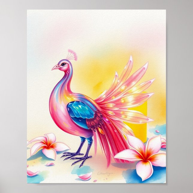 Elegant Pink Peacock Watercolor Poster (Front)