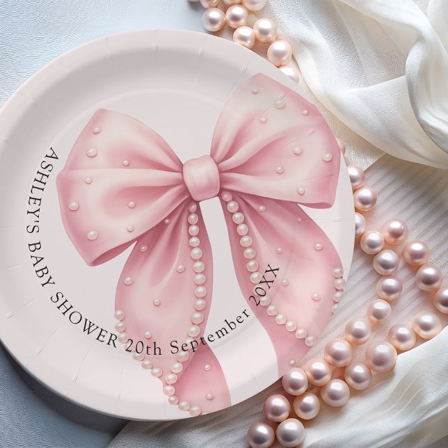 Elegant Pink Pearl Bow Baby Shower Paper Plate (Creator Uploaded)