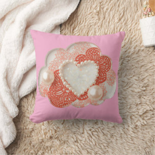 Elegant Pink Pearl Heart and Coral Lace 3D Illusio Throw Pillow