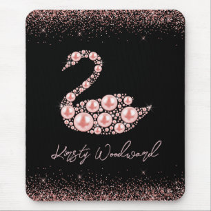 Elegant Pink Pearl Swan on Black Background Mouse Pad