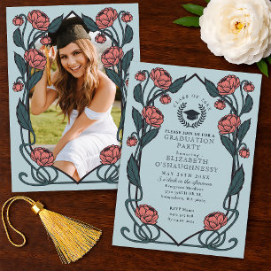 Elegant Pink Peonies Art Nouveau Graduation Party Invitation