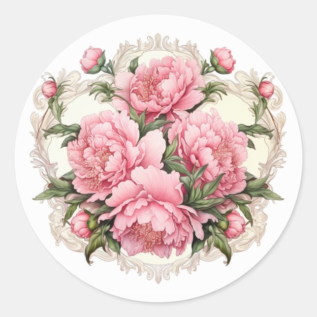 Elegant Pink Peonies Classic Round Sticker (Front)