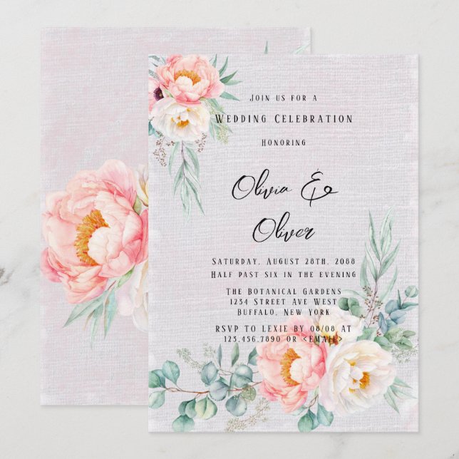 Elegant Pink Peonies Eucalyptus Wedding Invitation (Front/Back)