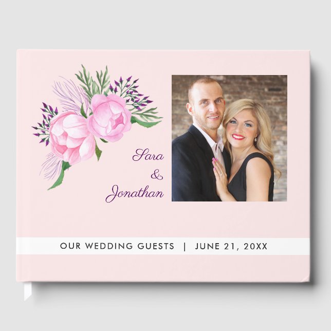 Elegant Pink Peonies Photo Wedding Guest Book (Front)