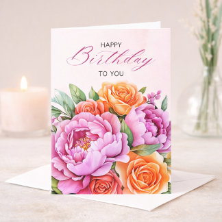 Elegant Pink Peonies & Roses Soft Floral Birthday Card