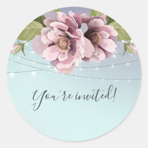Elegant pink peonies, string lights You're Invited Classic Round Sticker
