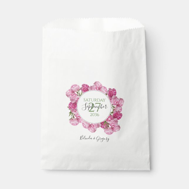 Elegant Pink Peonies Wedding Favour Bag (Front)