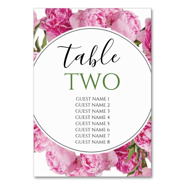 Elegant Pink Peonies Wedding Guest Names Table Number (Front)