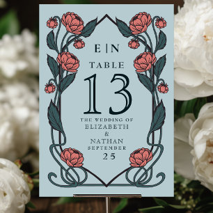 Elegant Pink Peony Art Nouveau Floral Wedding Table Number