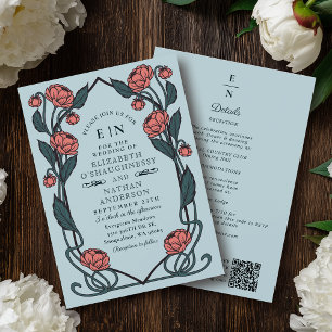 Elegant Pink Peony Art Nouveau QR Code Wedding Invitation