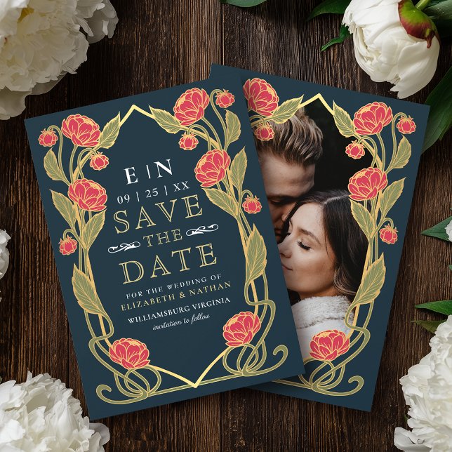 Elegant Pink Peony Art Nouveau Wedding Photo Save The Date (Creator Uploaded)