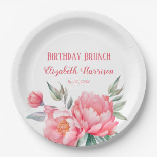 Elegant Pink Peony Botanical Birthday Brunch Paper Plate