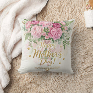 Elegant Pink Peony Bouquet Happy Mother’s Day Card Throw Pillow