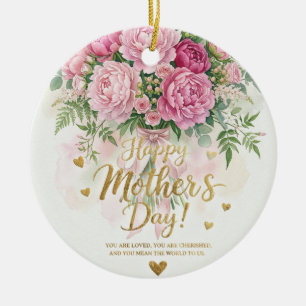 Elegant Pink Peony Bouquet Happy Mother’s Day Ceramic Ornament