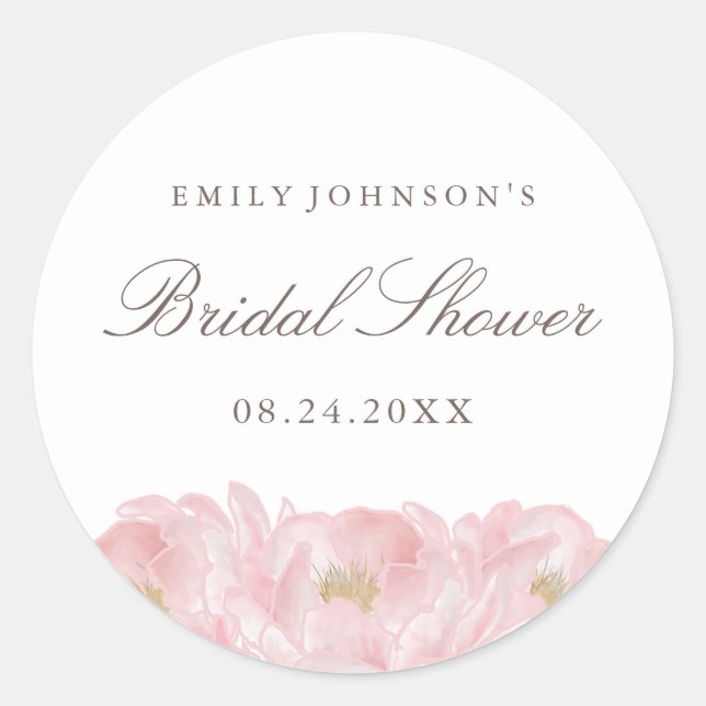 Elegant Pink Peony Bridal Shower Classic Round Sticker (Front)