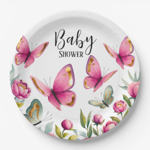Elegant Pink Peony & Butterflies Girl Baby Shower Paper Plate