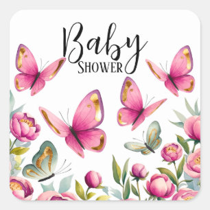 Elegant Pink Peony & Butterflies Girl Baby Shower Square Sticker