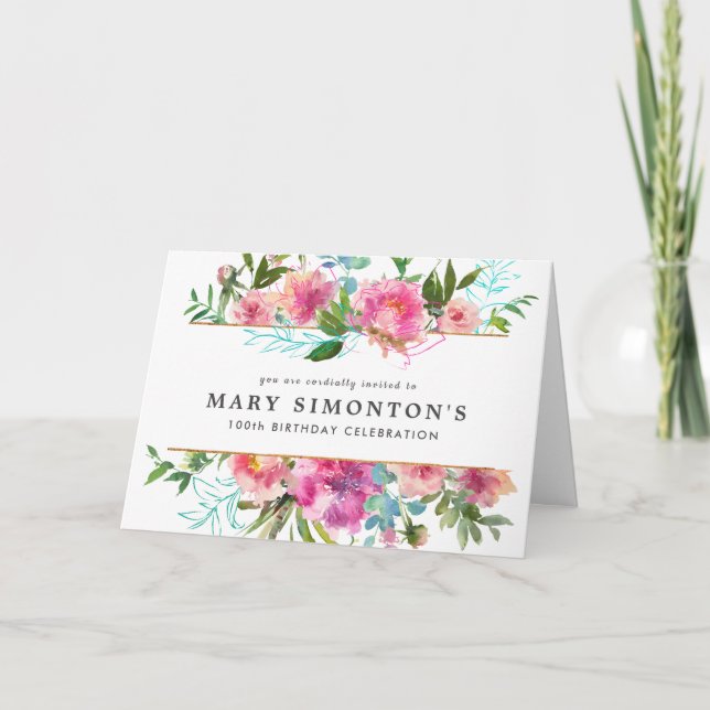 Elegant Pink Peony Floral 100th Birthday Invitation (Front)