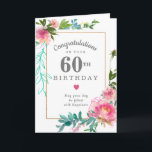 Elegant Pink Peony Floral 60th Birthday Card<br><div class="desc">Congratulate a very special person on their 60th birthday with a pink peony floral design. Elegant and chic the peonies with delicate green and turquoise botanical elements decorate a thin gold frame. All of the text can be edited,  so you can customize a very personal and meaningful message.</div>