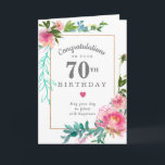 Elegant Pink Peony Floral 70th Birthday Card<br><div class="desc">Congratulate a very special person on their 70th birthday with a pink peony floral design. Elegant and chic the peonies with delicate green and turquoise botanical elements decorate a thin gold frame. All of the text can be edited,  so you can customize a very personal and meaningful message.</div>