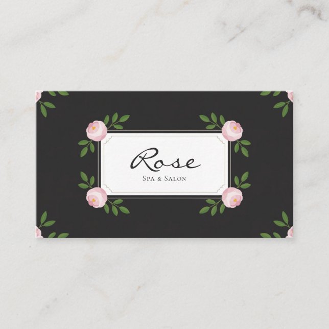 Elegant Pink Peony Floral Black Business Card (Front)