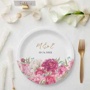Elegant Pink Peony Florals Wedding Paper Plate