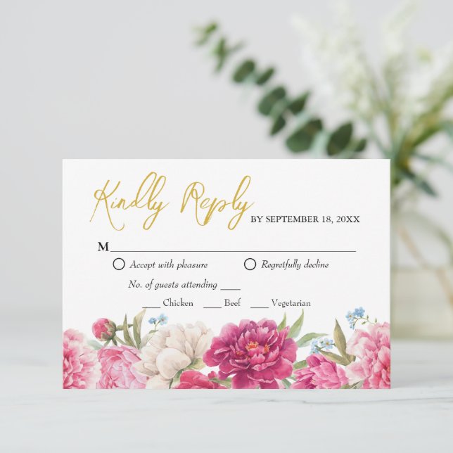 Elegant Pink Peony Florals Wedding Reply RSVP Card (Standing Front)