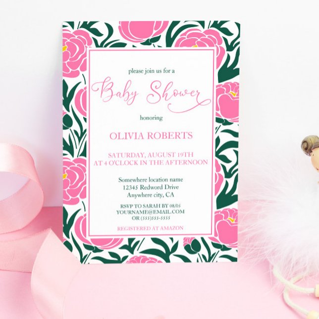 Elegant Pink Peony Flowers Baby Shower Invitation (Creator Uploaded)
