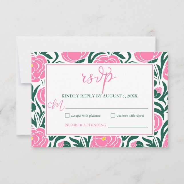 Elegant Pink Peony Flowers Wedding RSVP Card (Front)