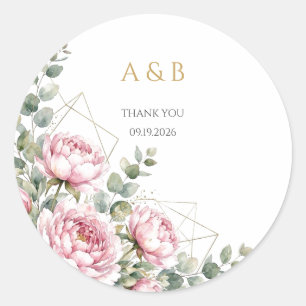 Elegant Pink Peony Gold Geometric Wedding Thank Yo Classic Round Sticker
