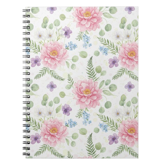Elegant Pink Peony & Lavender Watercolor Floral Notebook (Front)