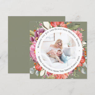 Elegant Pink Peony Modern Script Watercolor Floral Holiday Card