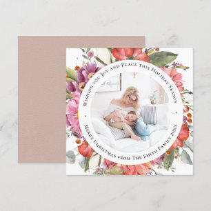 Elegant Pink Peony Modern Script Watercolor Floral Holiday Card