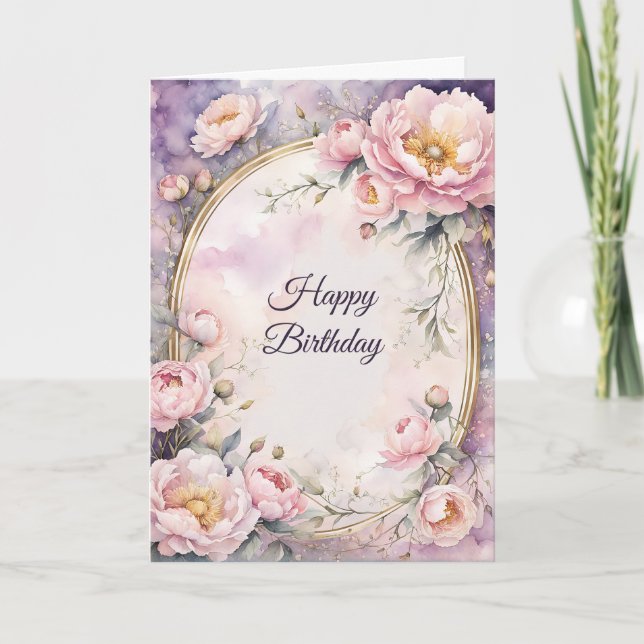 Elegant Pink Peony Oval Frame Birthday Card (Front)