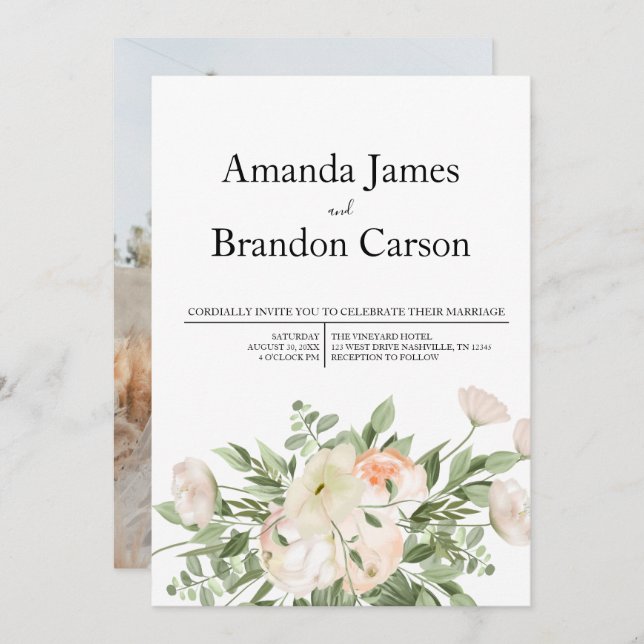 Elegant Pink Peony Photo Wedding  Invitation (Front/Back)