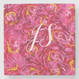 Elegant Pink Peony Stylish Calligraphy Monogram Stone Coaster